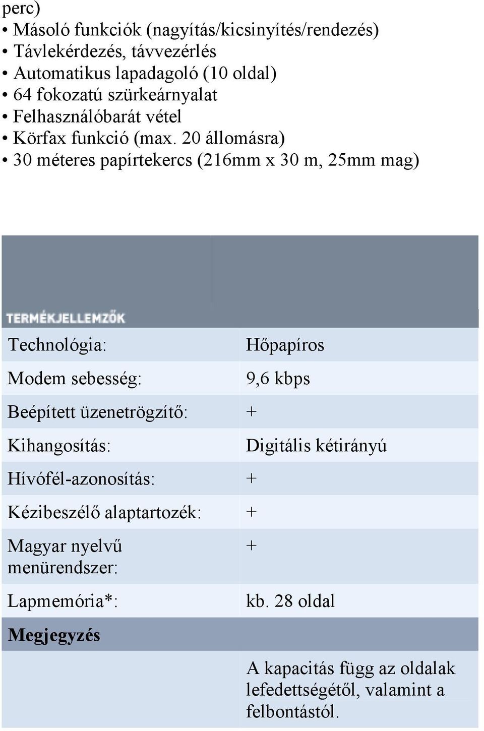 20 állomásra) 30 méteres papírtekercs (216mm x 30 m, 25mm mag) Technológia: Modem sebesség: Beépített üzenetrögzítı: Kihangosítás: