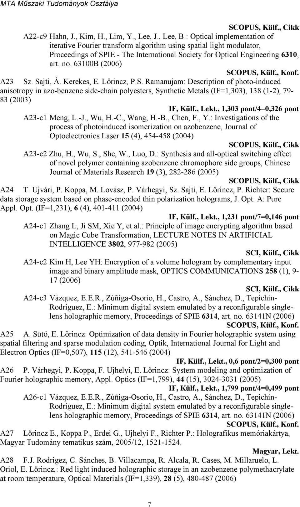 63100B (2006) A23 Sz. Sajti, Á. Kerekes, E. Lőrincz, P.S. Ramanujam: Description of photo-induced anisotropy in azo-benzene side-chain polyesters, Synthetic Metals (IF=1,303), 138 (1-2), 79-83 (2003) IF, Külf.