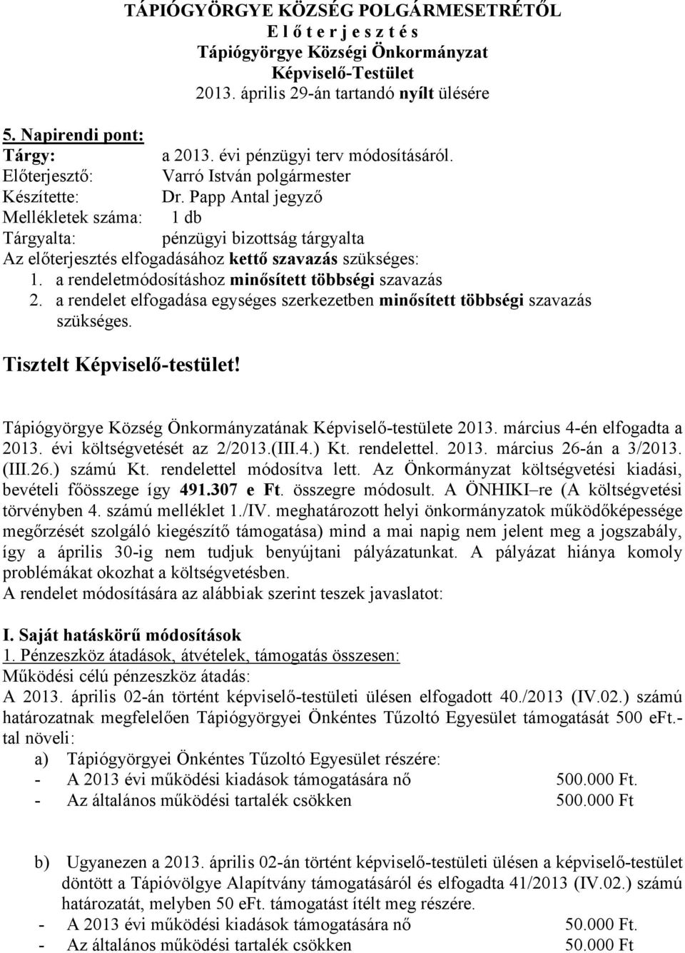 Papp Antal jegyző Mellékletek száma: 1 db Tárgyalta: pénzügyi bizottság tárgyalta Az előterjesztés elfogadásához kettő szavazás szükséges: 1. a rendeletmódosításhoz minősített többségi szavazás 2.