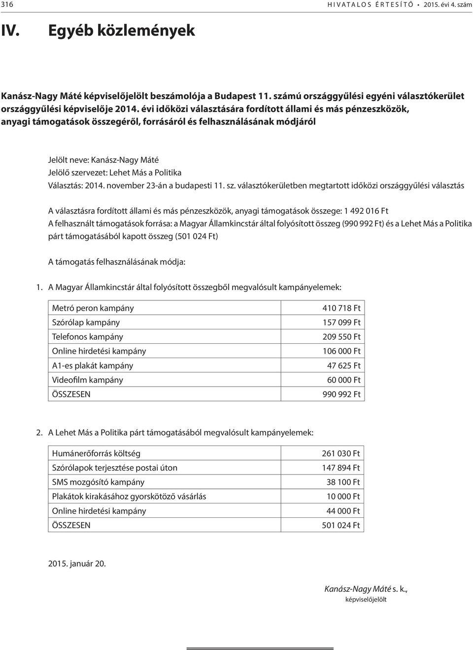 évi időközi választására fordított állami és más pénzeszközök, anyagi támogatások összegéről, forrásáról és felhasználásának módjáról Jelölt neve: Kanász-Nagy Máté Jelölő szervezet: Lehet Más a