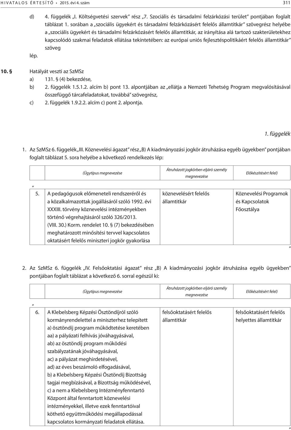 szakterületekhez kapcsolódó szakmai feladatok ellátása tekintetében: az európai uniós fejlesztéspolitikáért felelős államtitkár szöveg lép. 10. Hatályát veszti az SzMSz a) 131. (4) bekezdése, b) 2.