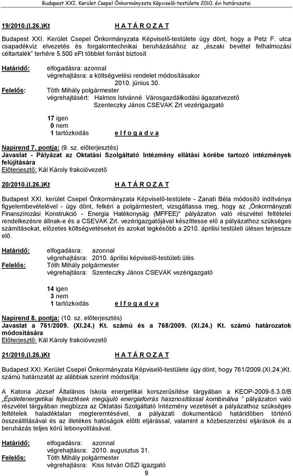 500 eft többlet forrást biztosít Határidő: elfogadásra: azonnal végrehajtásra: a költségvetési rendelet módosításakor 2010. június 30.