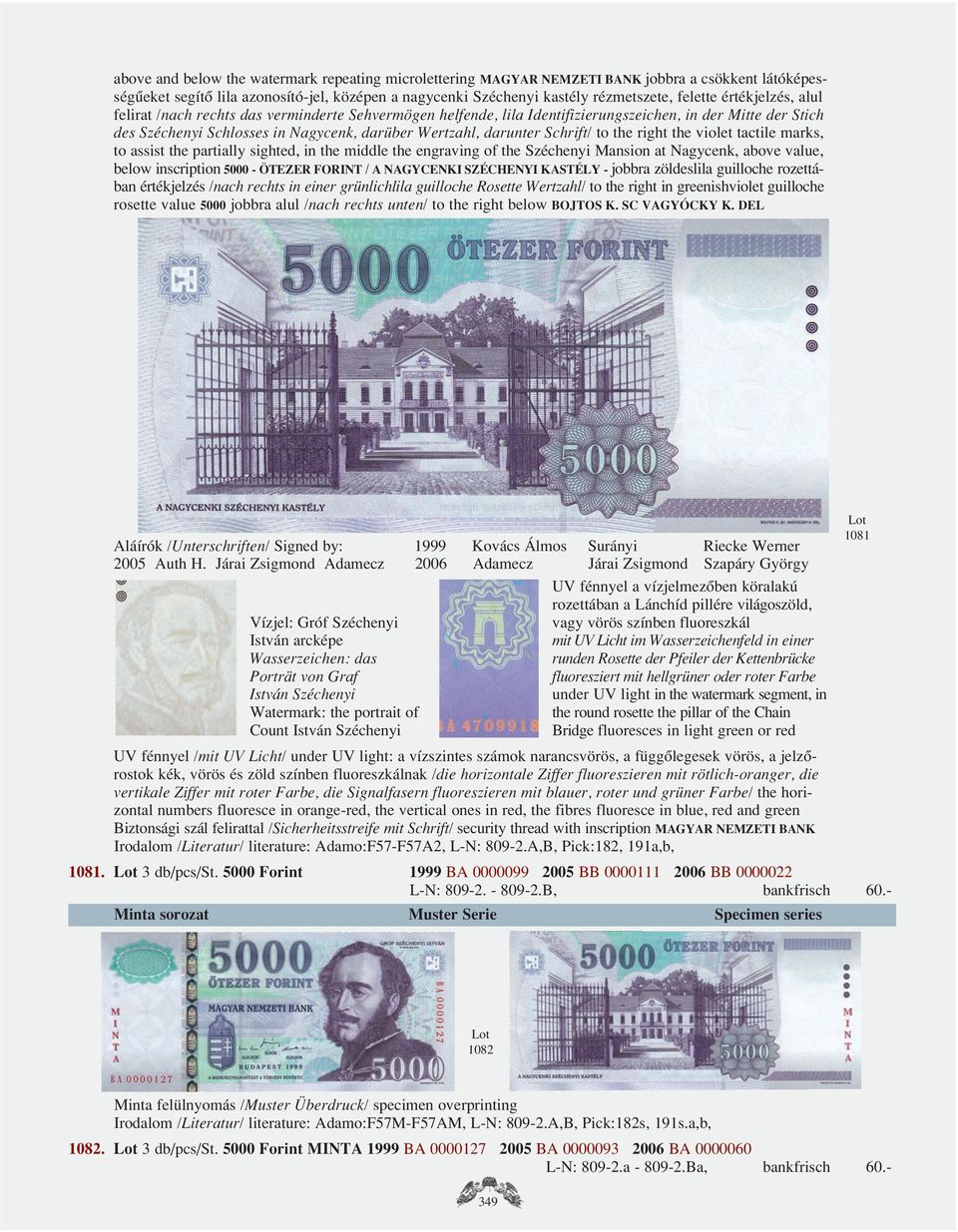 Schrift/ to the right the violet tactile marks, to assist the partially sighted, in the middle the engraving of the Széchenyi Mansion at Nagycenk, above value, below inscription 5000 - ÖTEZER FORINT