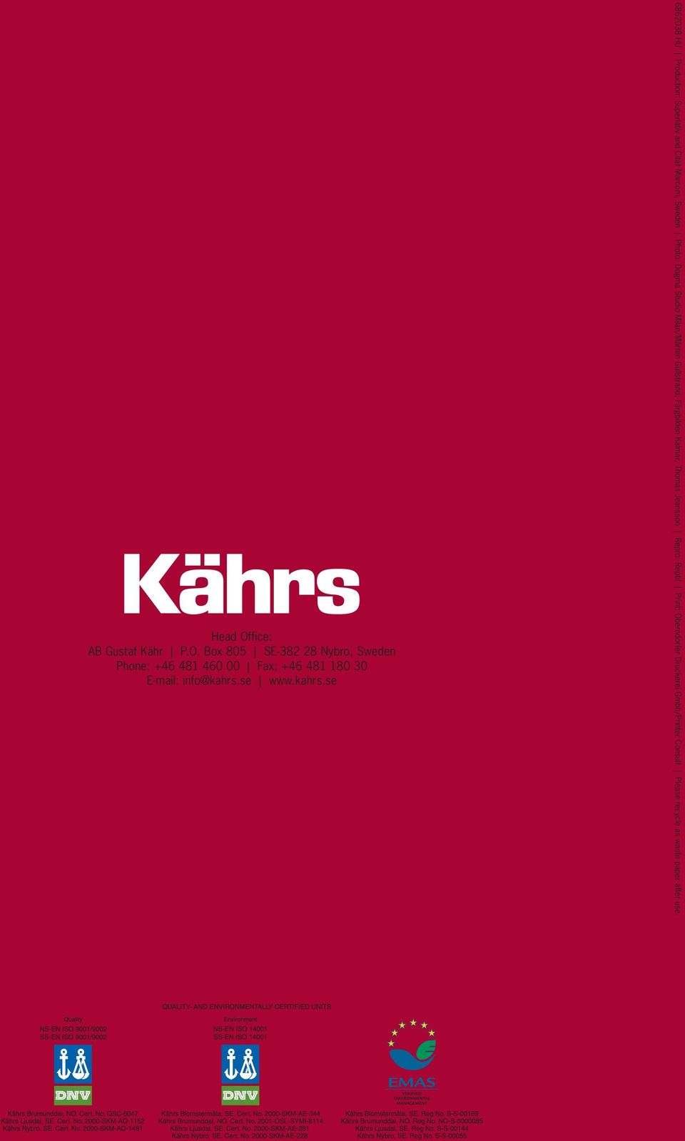 Box 80 SE-382 28 Nybro, Sweden Phone: +46 481 460 00 Fax: +46 481 180 30 E-mail: info@kahrs.