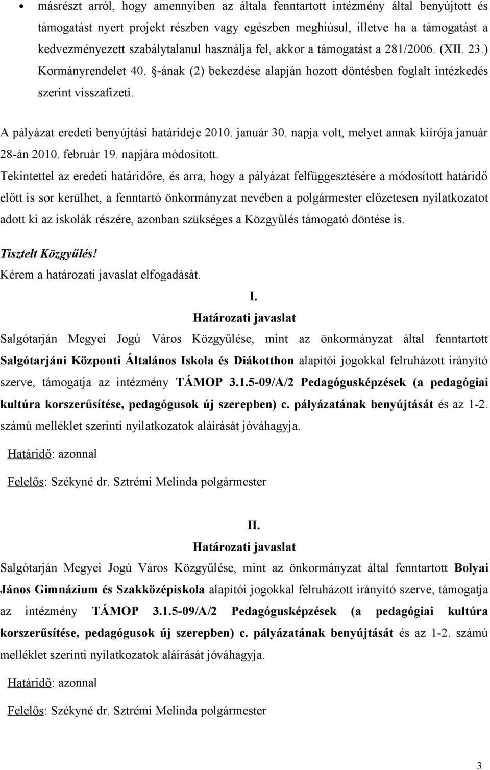 A pályázat eredeti benyújtási határideje 2010. január 30. napja volt, melyet annak kiírója január 28-án 2010. február 19. napjára módosított.
