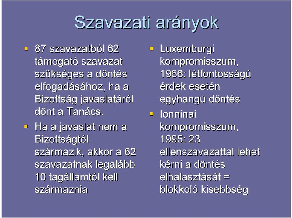 Ha a javaslat nem a Bizottságt gtól származik, akkor a 62 szavazatnak legalább 10 tagállamt llamtól l kell