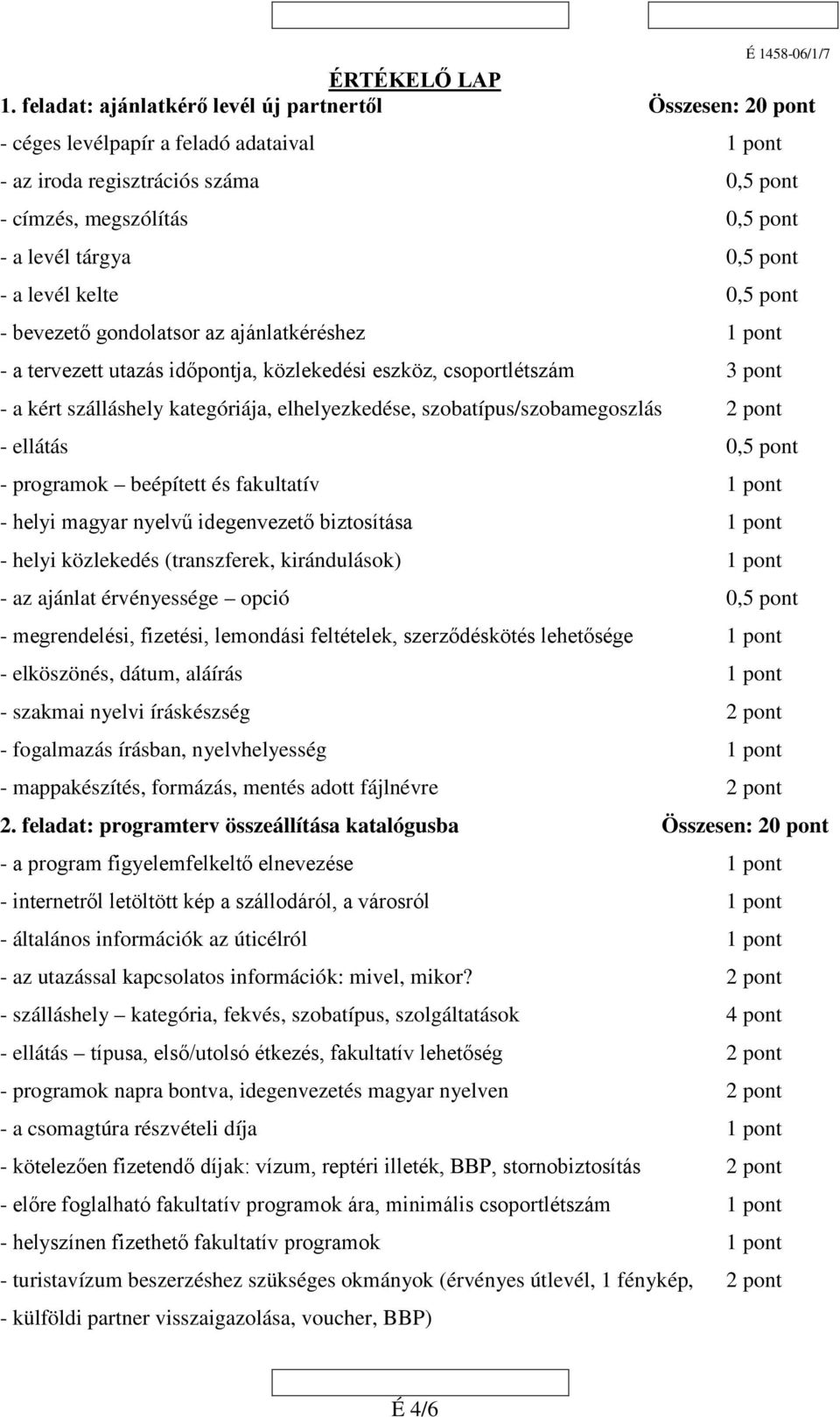 pont - a levél kelte 0,5 pont - bevezető gondolatsor az ajánlatkéréshez 1 pont - a tervezett utazás időpontja, közlekedési eszköz, csoportlétszám 3 pont - a kért szálláshely kategóriája,