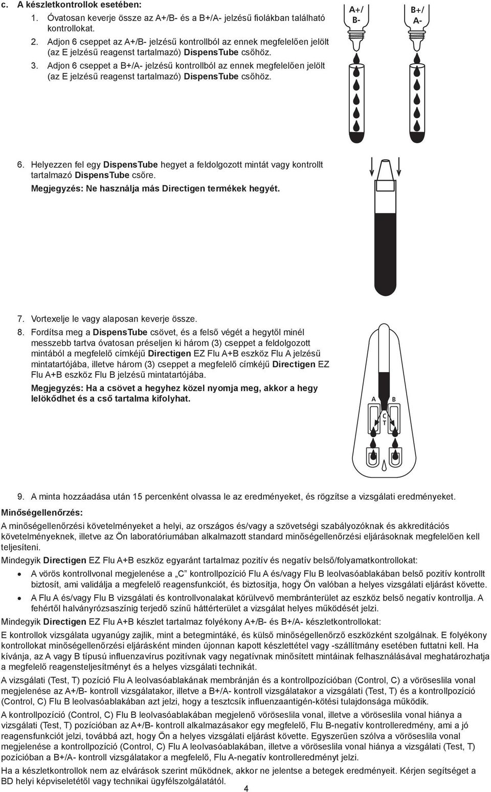Adjon 6 cseppet a +/A- jelzésű kontrollból az ennek megfelelően jelölt (az E jelzésű reagenst tartalmazó) DispensTube csőhöz. 6. Helyezzen fel egy DispensTube hegyet a feldolgozott mintát vagy kontrollt tartalmazó DispensTube csőre.