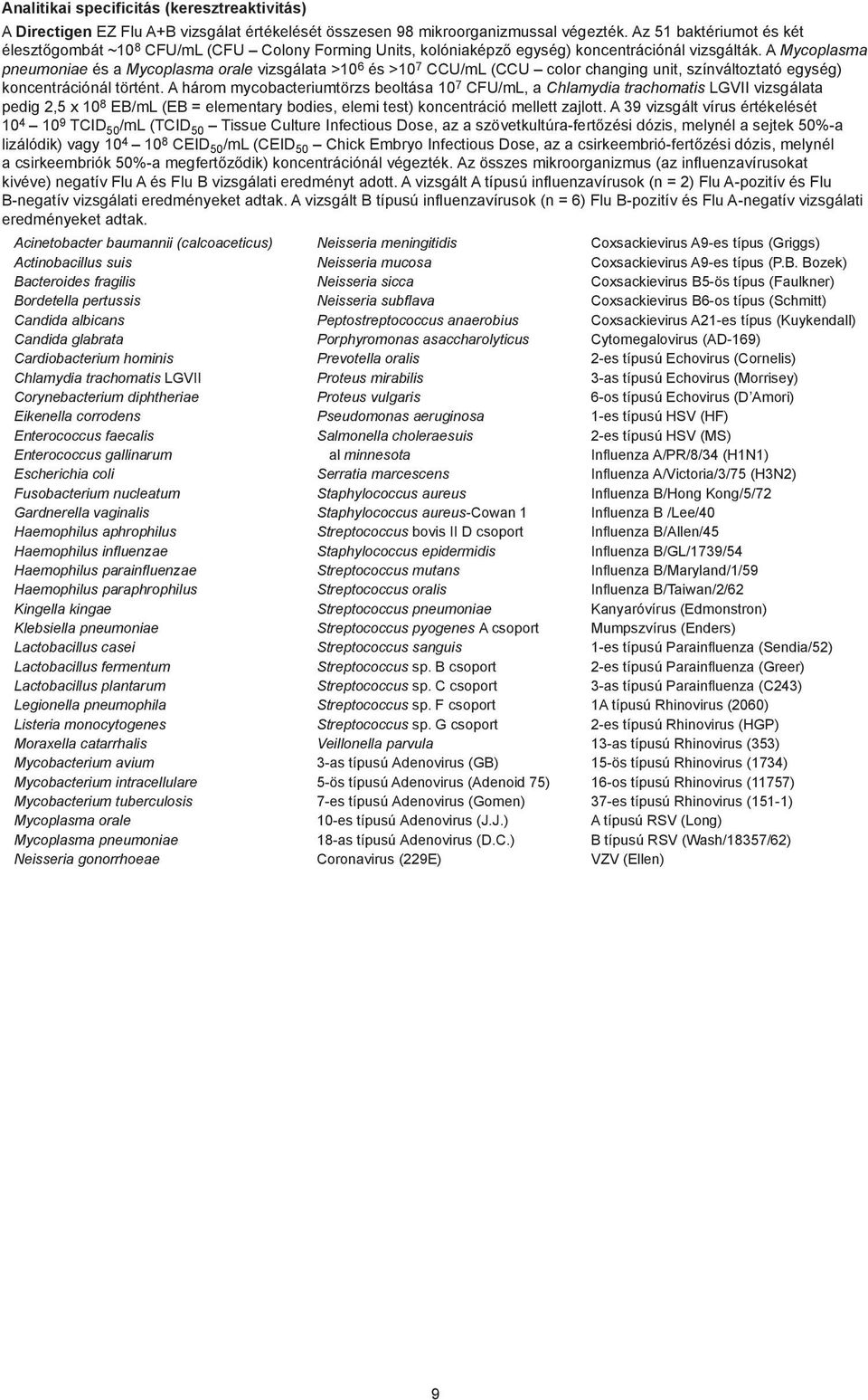 A Mycoplasma pneumoniae és a Mycoplasma orale vizsgálata >10 6 és >10 7 CCU/mL (CCU color changing unit, színváltoztató egység) koncentrációnál történt.