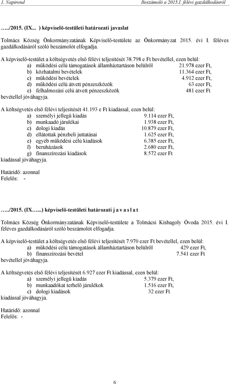 364 ezer Ft, c) működési bevételek 4.912 ezer Ft, d) működési célú átvett pénzeszközök 63 ezer Ft, e) felhalmozási célú átvett pénzeszközök 481 ezer Ft bevétellel jóváhagyja.