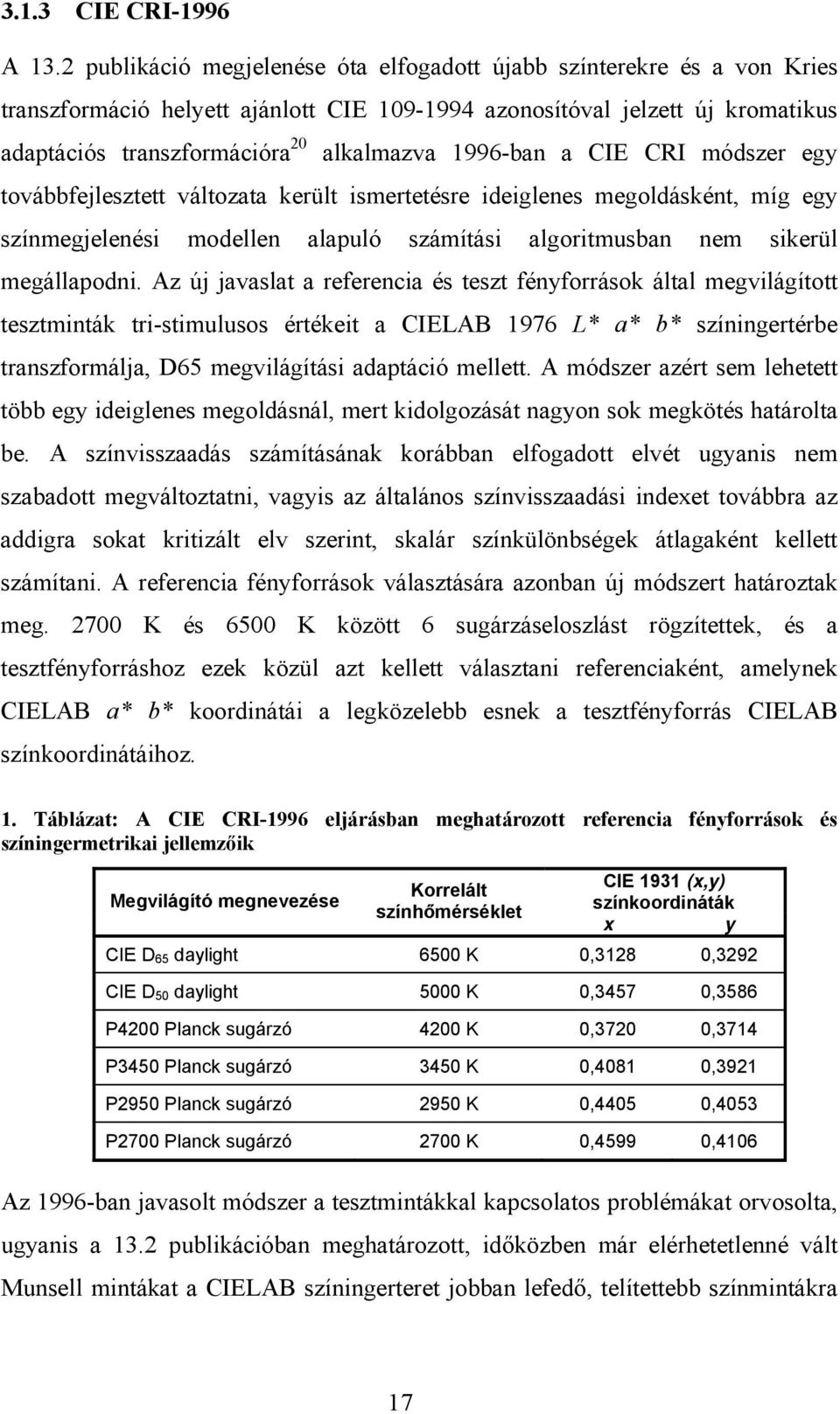 1996-ban a CIE CRI módszer egy továbbfejlesztett változata került ismertetésre ideiglenes megoldásként, míg egy színmegjelenési modellen alapuló számítási algoritmusban nem sikerül megállapodni.