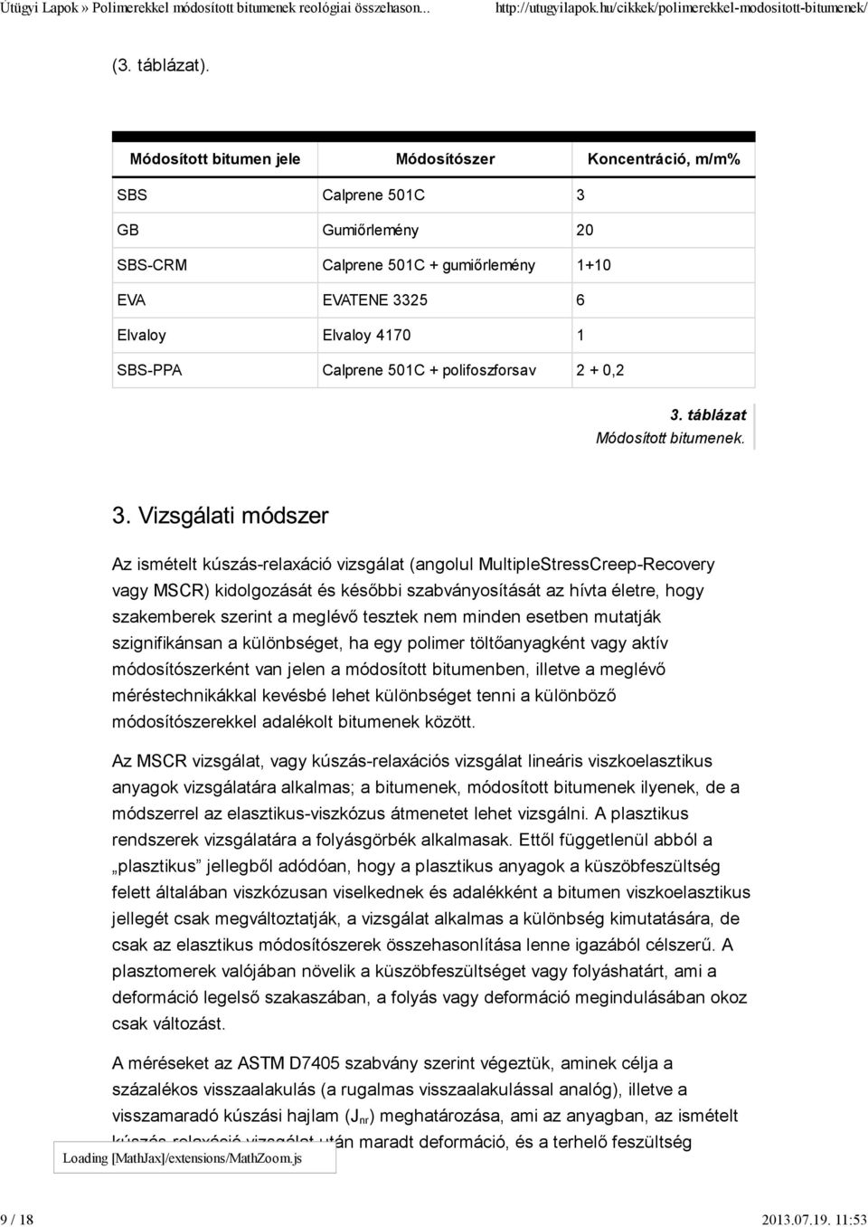501C + polifoszforsav 2 + 0,2 3. táblázat Módosított bitumenek.