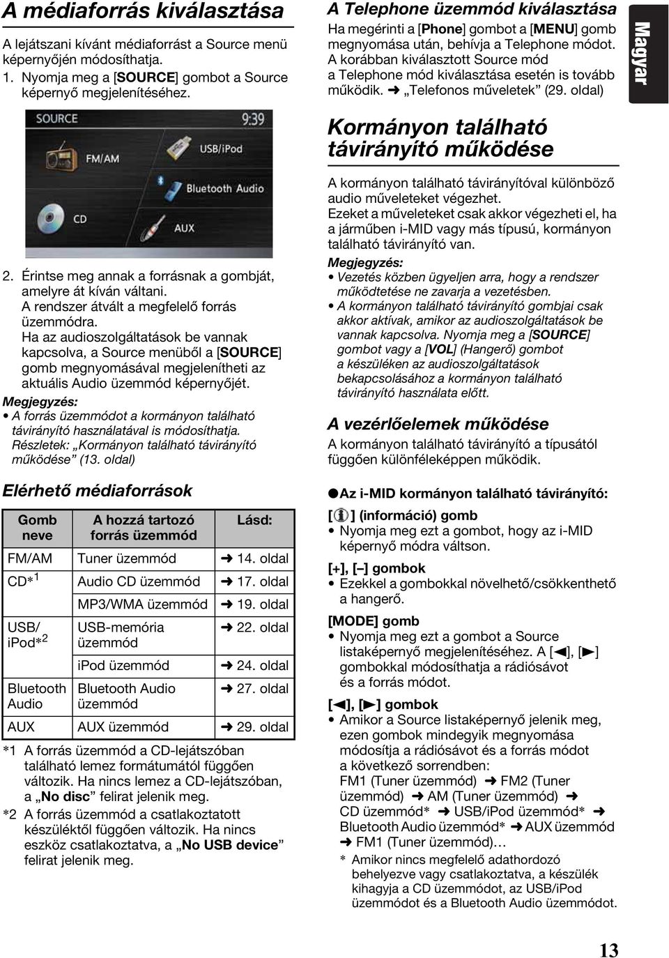 A korábban kiválasztott Source mód a Telephone mód kiválasztása esetén is tovább működik. Telefonos műveletek (29. oldal) Magyar 2. Érintse meg annak a forrásnak a gombját, amelyre át kíván váltani.