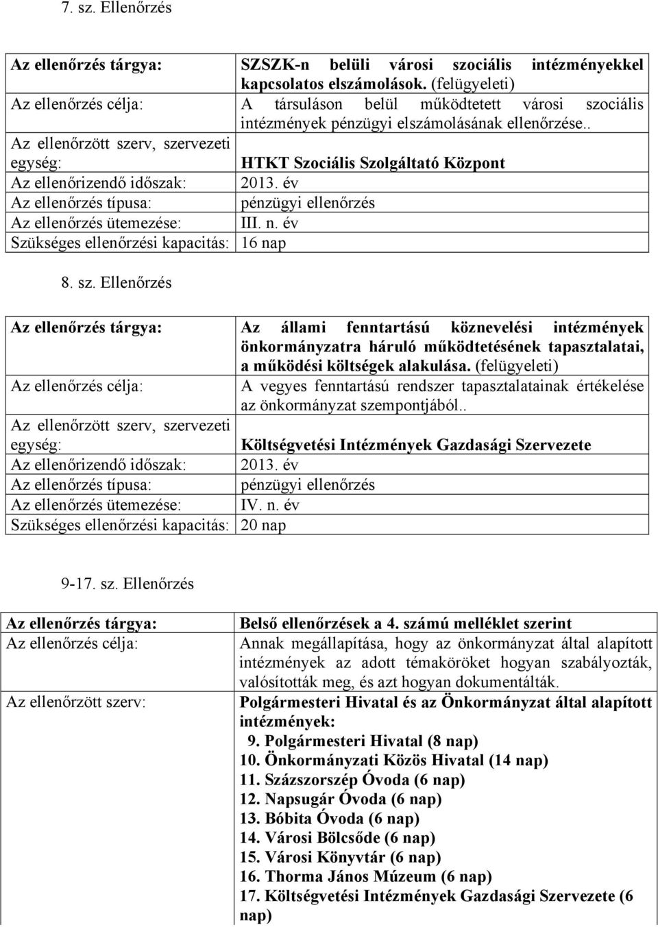 . Az ellenőrzött szerv, szervezeti egység: HTKT Szociális Szolgáltató Központ Az ellenőrizendő időszak: 2013. év Az ellenőrzés típusa: pénzügyi ellenőrzés Az ellenőrzés ütemezése: III. n.