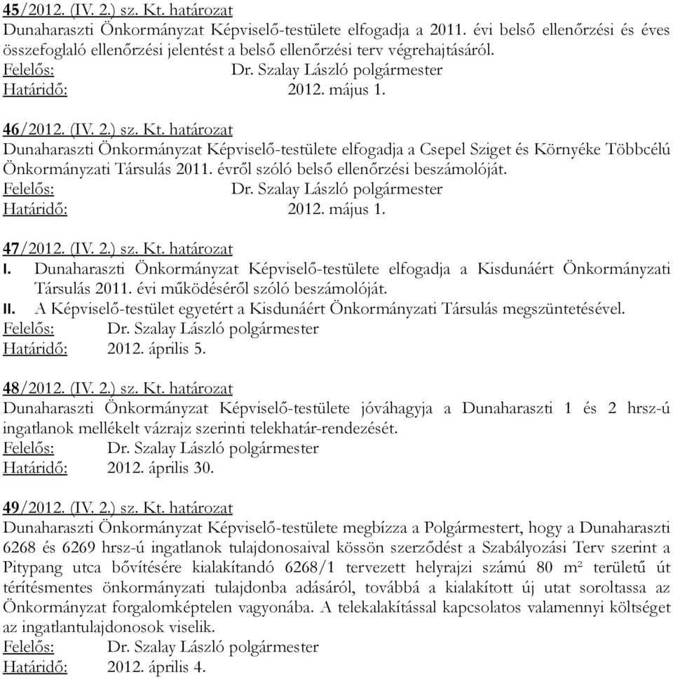 határozat Dunaharaszti Önkormányzat Képviselő-testülete elfogadja a Csepel Sziget és Környéke Többcélú Önkormányzati Társulás 2011. évről szóló belső ellenőrzési beszámolóját. Határidő: 2012. május 1.
