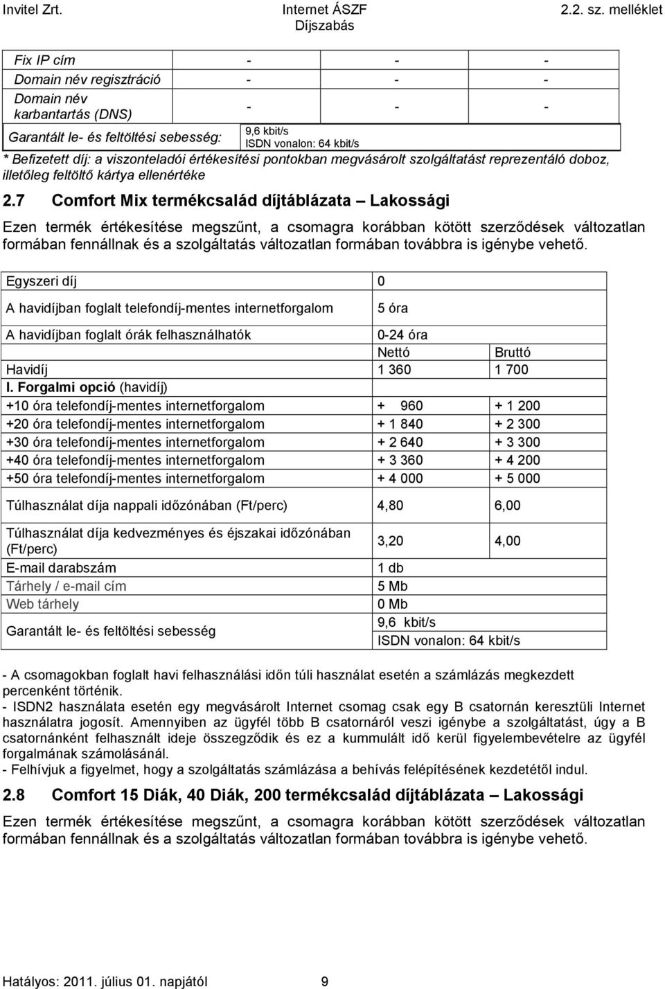 7 Comfort Mix termékcsalád díjtáblázata Lakossági Ezen termék értékesítése megszűnt, a csomagra korábban kötött szerződések változatlan formában fennállnak és a szolgáltatás változatlan formában