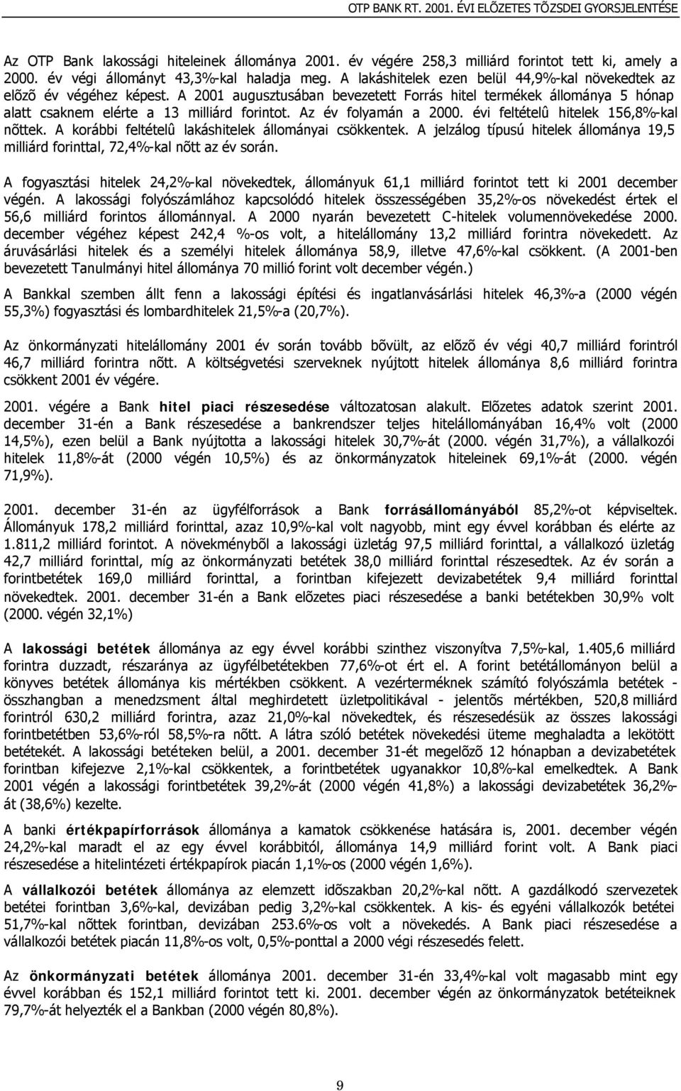 Az év folyamán a 2000. évi feltételû hitelek 156,8%-kal nõttek. A korábbi feltételû lakáshitelek állományai csökkentek.