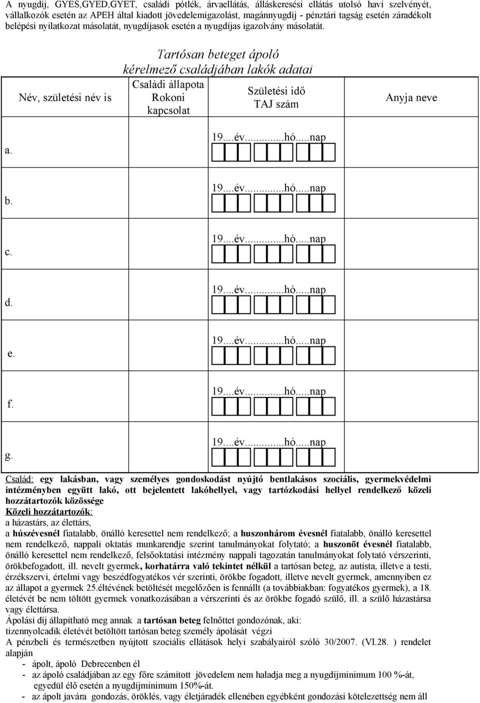 Név, születési név is Tartósan beteget ápoló kérelmező családjában lakók adatai Családi állapota Születési idő Rokoni TAJ szám kapcsolat Anyja neve a. b. c. d. e. f. g.