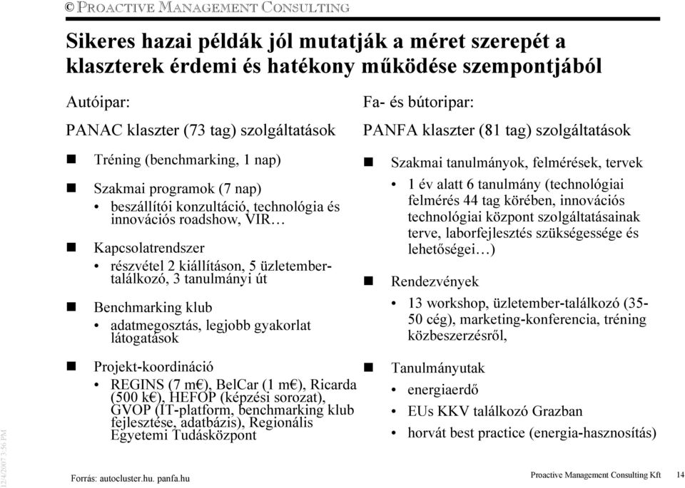 legjobb gyakorlat látogatások Fa- és bútoripar: PANFA klaszter (81 tag) szolgáltatások Szakmai tanulmányok, felmérések, tervek 1 év alatt 6 tanulmány (technológiai felmérés 44 tag körében, innovációs