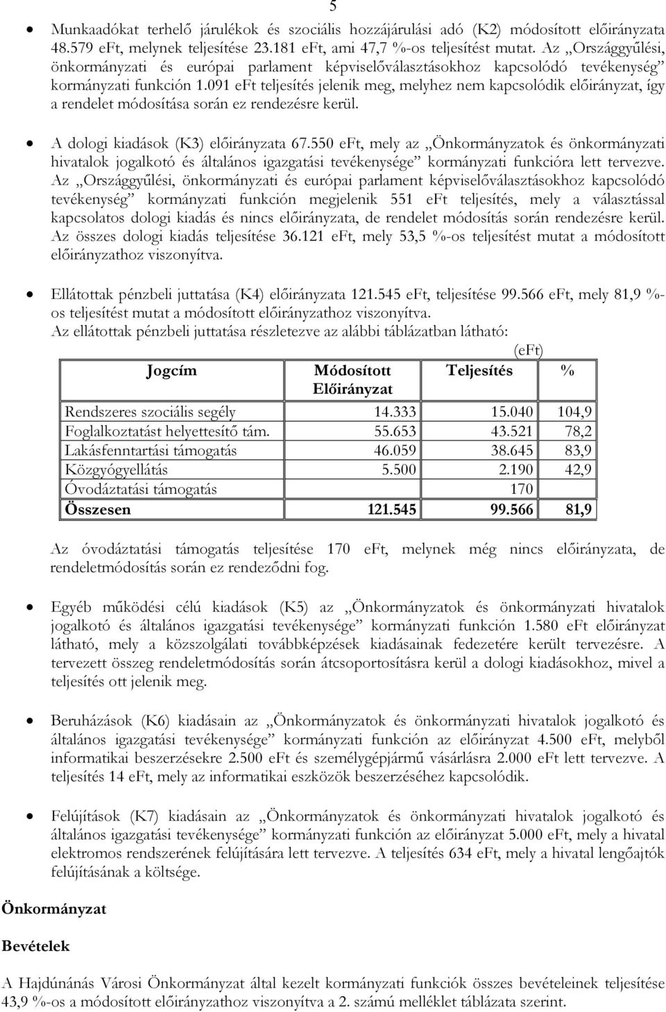 091 eft teljesítés jelenik meg, melyhez nem kapcsolódik elıirányzat, így a rendelet módosítása során ez rendezésre kerül. A dologi kiadások (K3) elıirányzata 67.
