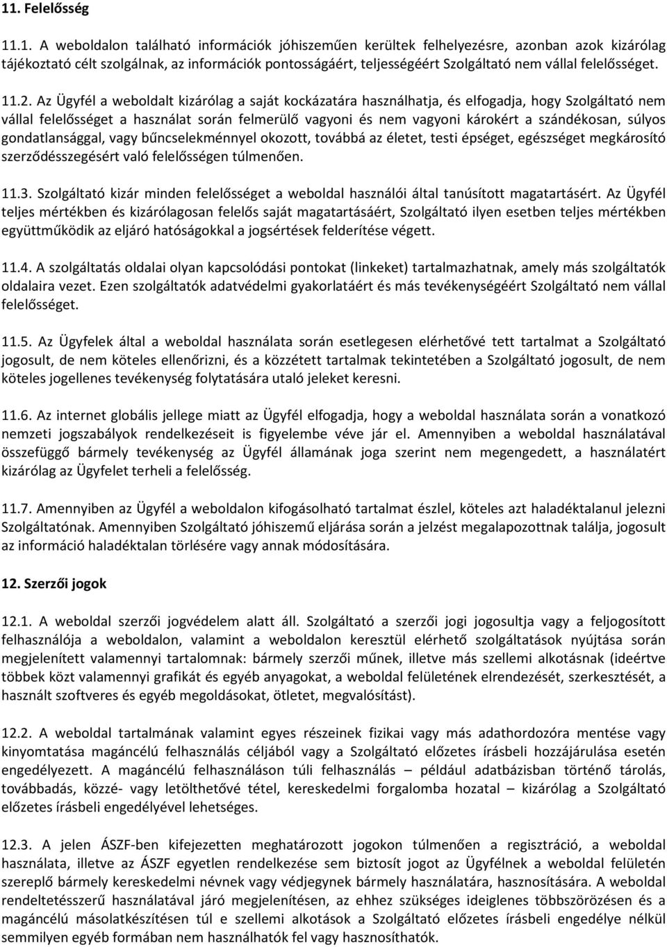 Az Ügyfél a weboldalt kizárólag a saját kockázatára használhatja, és elfogadja, hogy Szolgáltató nem vállal felelősséget a használat során felmerülő vagyoni és nem vagyoni károkért a szándékosan,