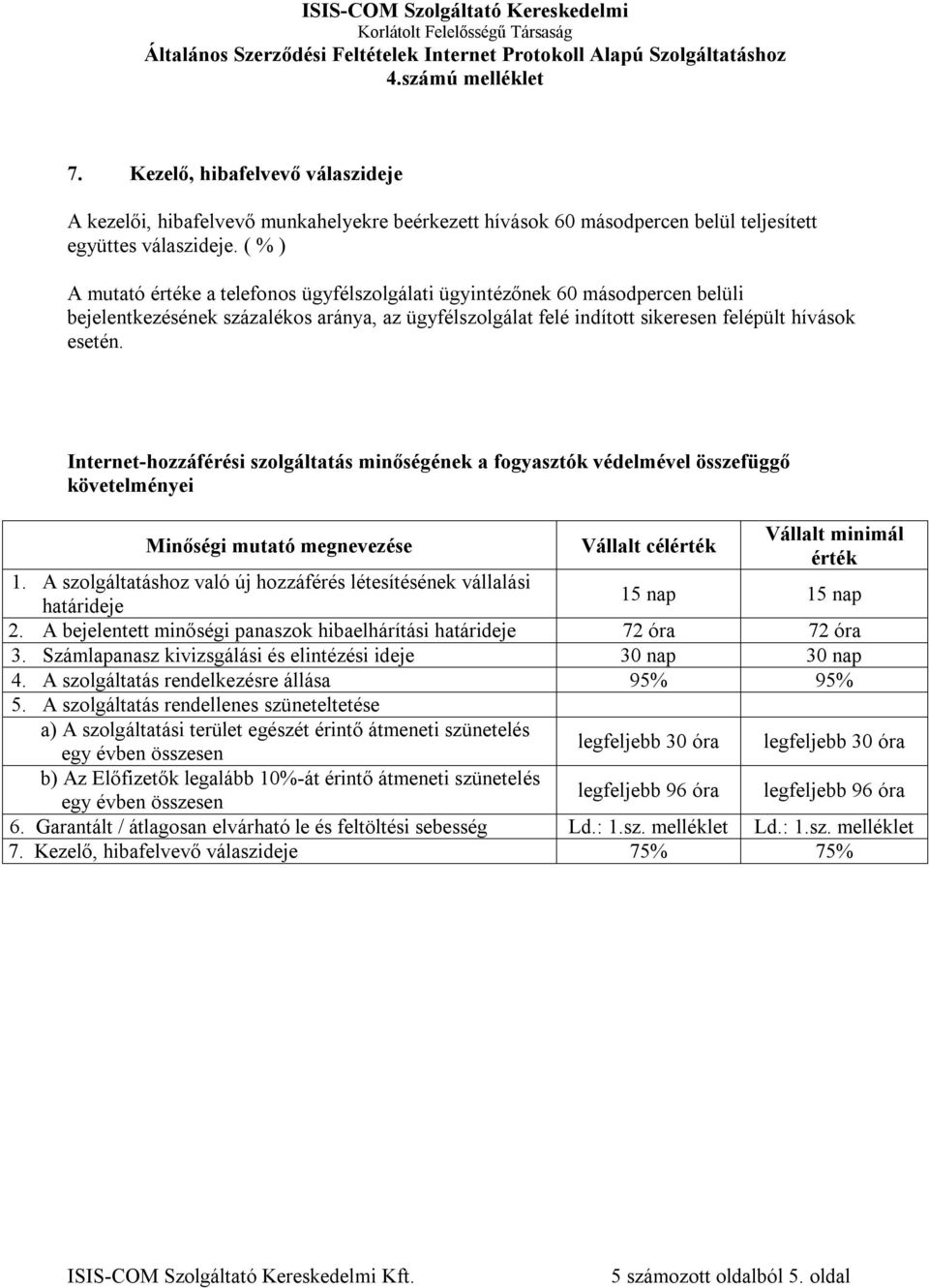 Internet-hozzáférési szolgáltatás minőségének a fogyasztók védelmével összefüggő követelményei Minőségi mutató megnevezése Vállalt célérték Vállalt minimál érték 1.