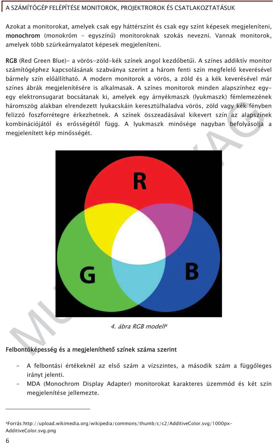 A színes addiktív monitor számítógéphez kapcsolásának szabványa szerint a három fenti szín megfelel keverésével bármely szín el állítható.