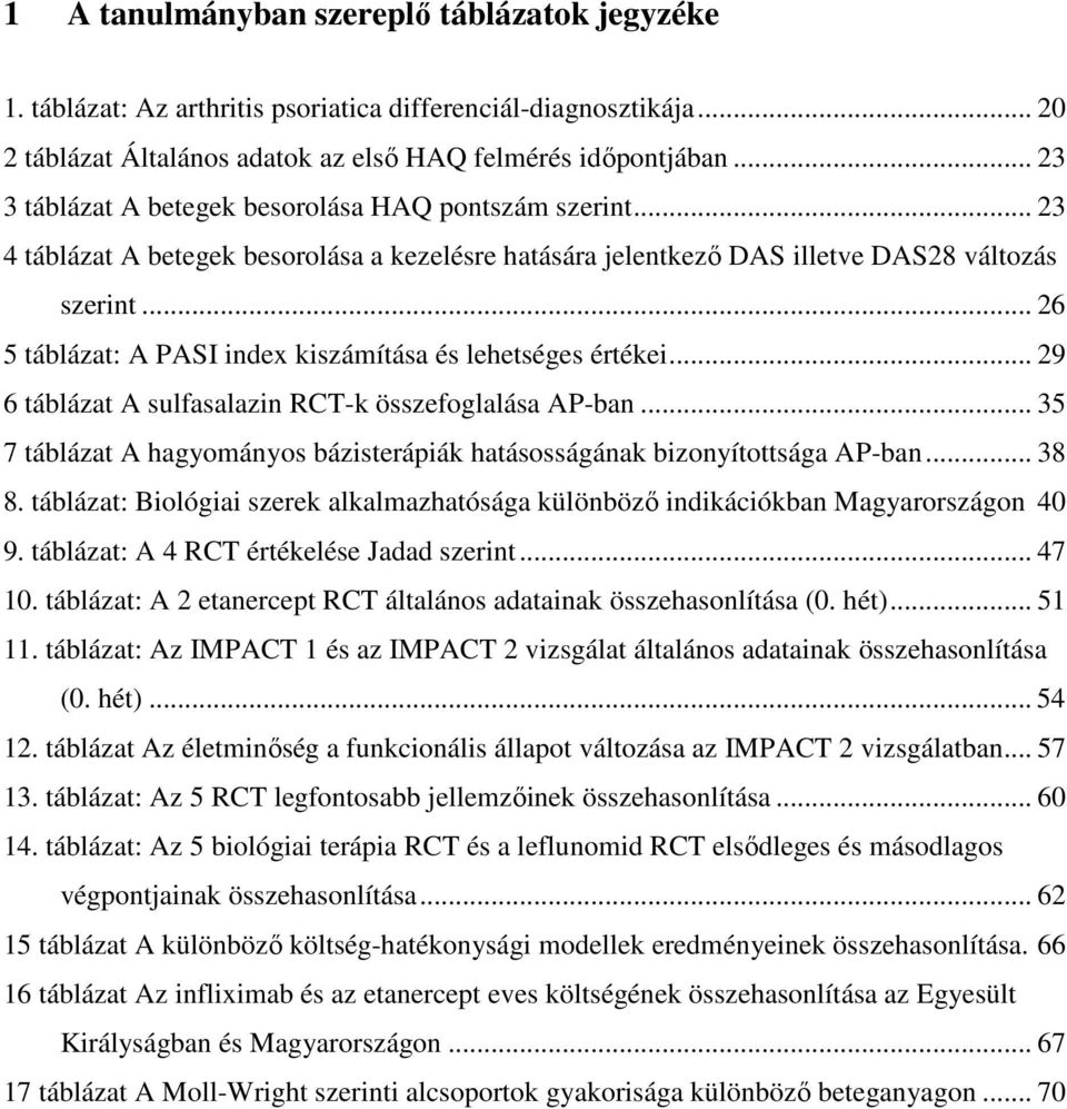 .. 26 5 táblázat: A PASI index kiszámítása és lehetséges értékei... 29 6 táblázat A sulfasalazin RCT-k összefoglalása AP-ban.