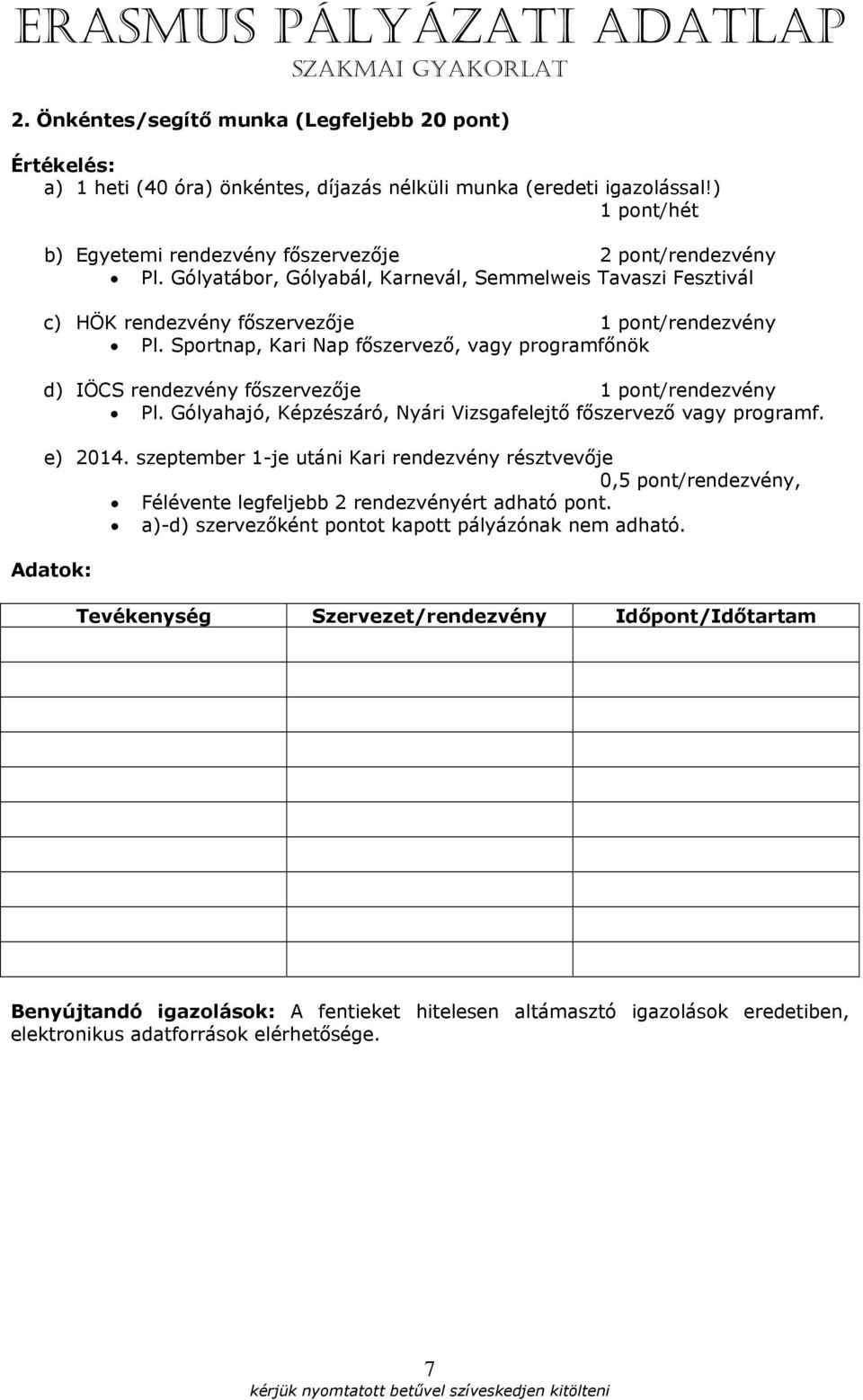 Sportnap, Kari Nap főszervező, vagy programfőnök d) IÖCS rendezvény főszervezője 1 pont/rendezvény Pl. Gólyahajó, Képzészáró, Nyári Vizsgafelejtő főszervező vagy programf. e) 2014.