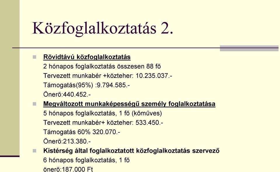 - Támogatás(95%) :9.794.585.- Önerő:440.452.