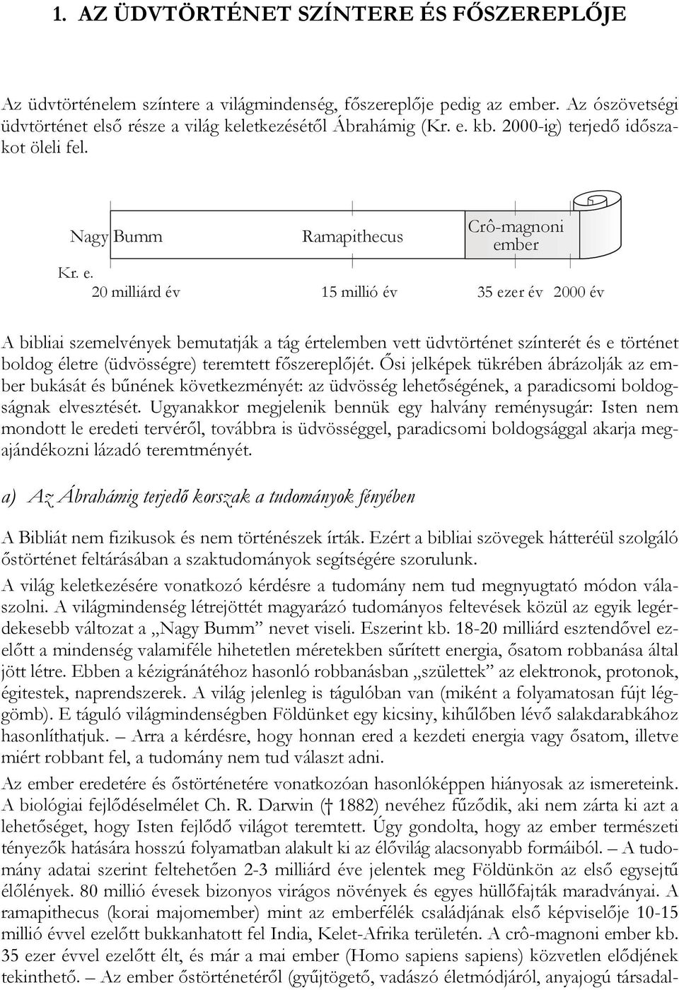 20 milliárd év Ramapithecus 15 millió év Crô-magnoni ember 35 ezer év 2000 év A bibliai szemelvények bemutatják a tág értelemben vett üdvtörténet színterét és e történet boldog életre (üdvösségre)