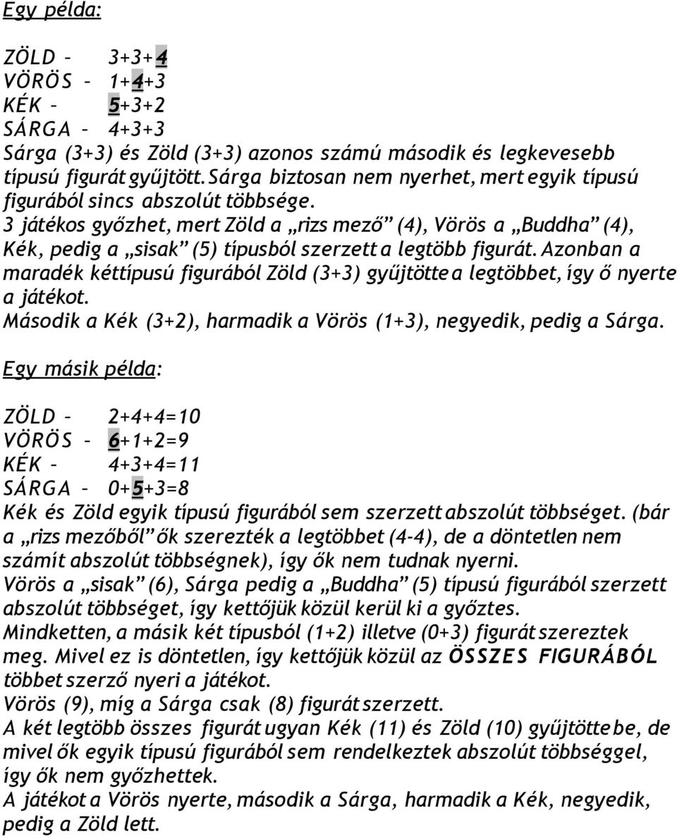 3 játékos győzhet, mert Zöld a rizs mező (4), Vörös a Buddha (4), Kék, pedig a sisak (5) típusból szerzett a legtöbb figurát.