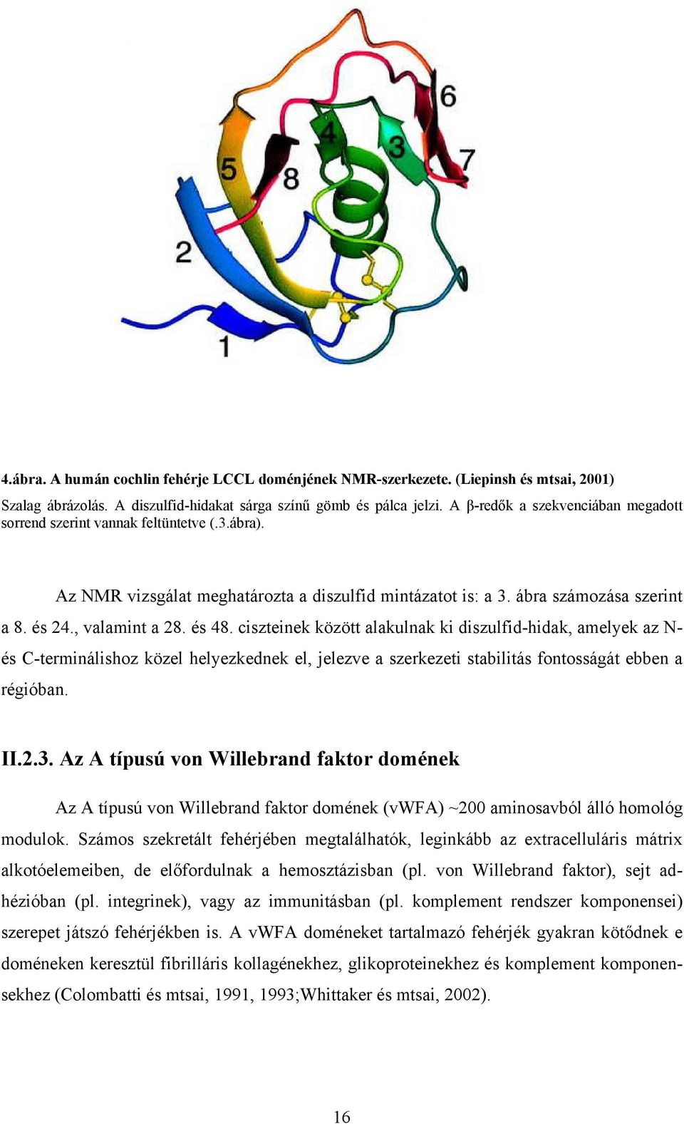 ciszteinek között alakulnak ki diszulfid-hidak, amelyek az N- és C-terminálishoz közel helyezkednek el, jelezve a szerkezeti stabilitás fontosságát ebben a régióban. II.2.3.