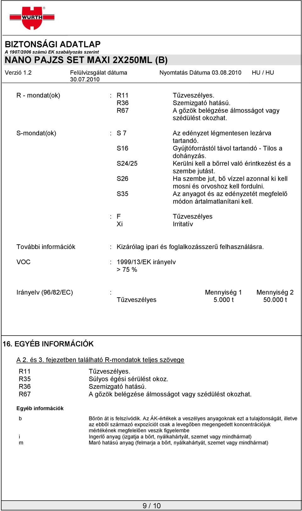 S35 Az anyagot és az edényzetét megfelelő módon ártalmatlanítani kell. : F Tűzveszélyes Xi Irritatív További információk VOC : Kizárólag ipari és foglalkozásszerű felhasználásra.