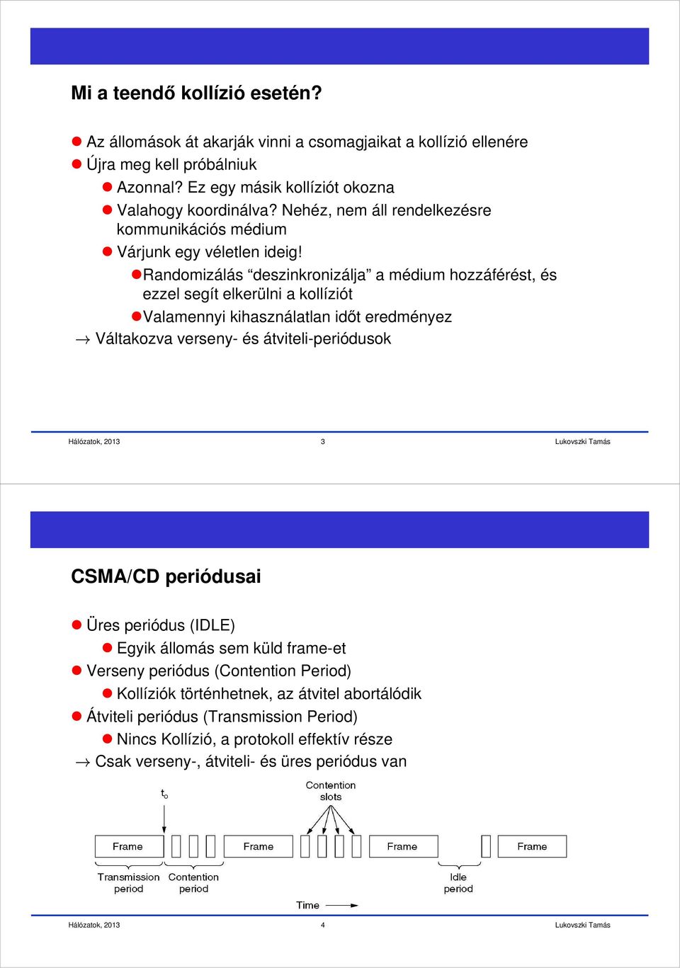 Randomizálás deszinkronizálja a médium hozzáférést, és ezzel segít elkerülni a kollíziót Valamennyi kihasználatlan időt eredményez Váltakozva verseny- és átviteli-periódusok 3