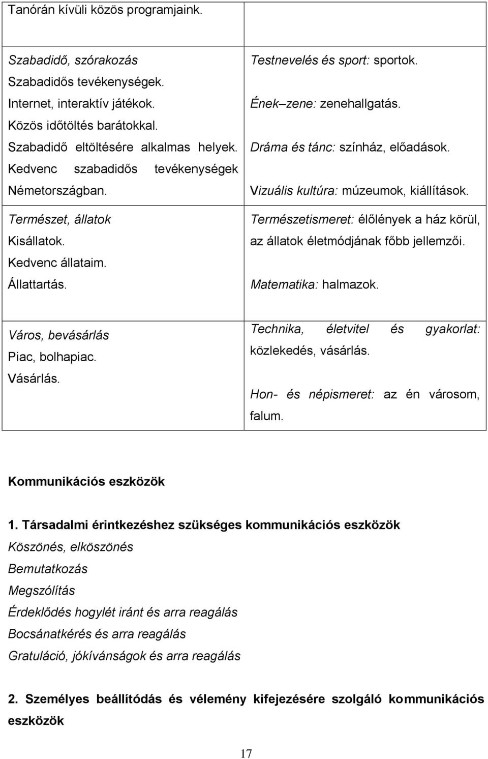 Dráma és tánc: színház, előadások. Vizuális kultúra: múzeumok, kiállítások. Természetismeret: élőlények a ház körül, az állatok életmódjának főbb jellemzői. Matematika: halmazok.