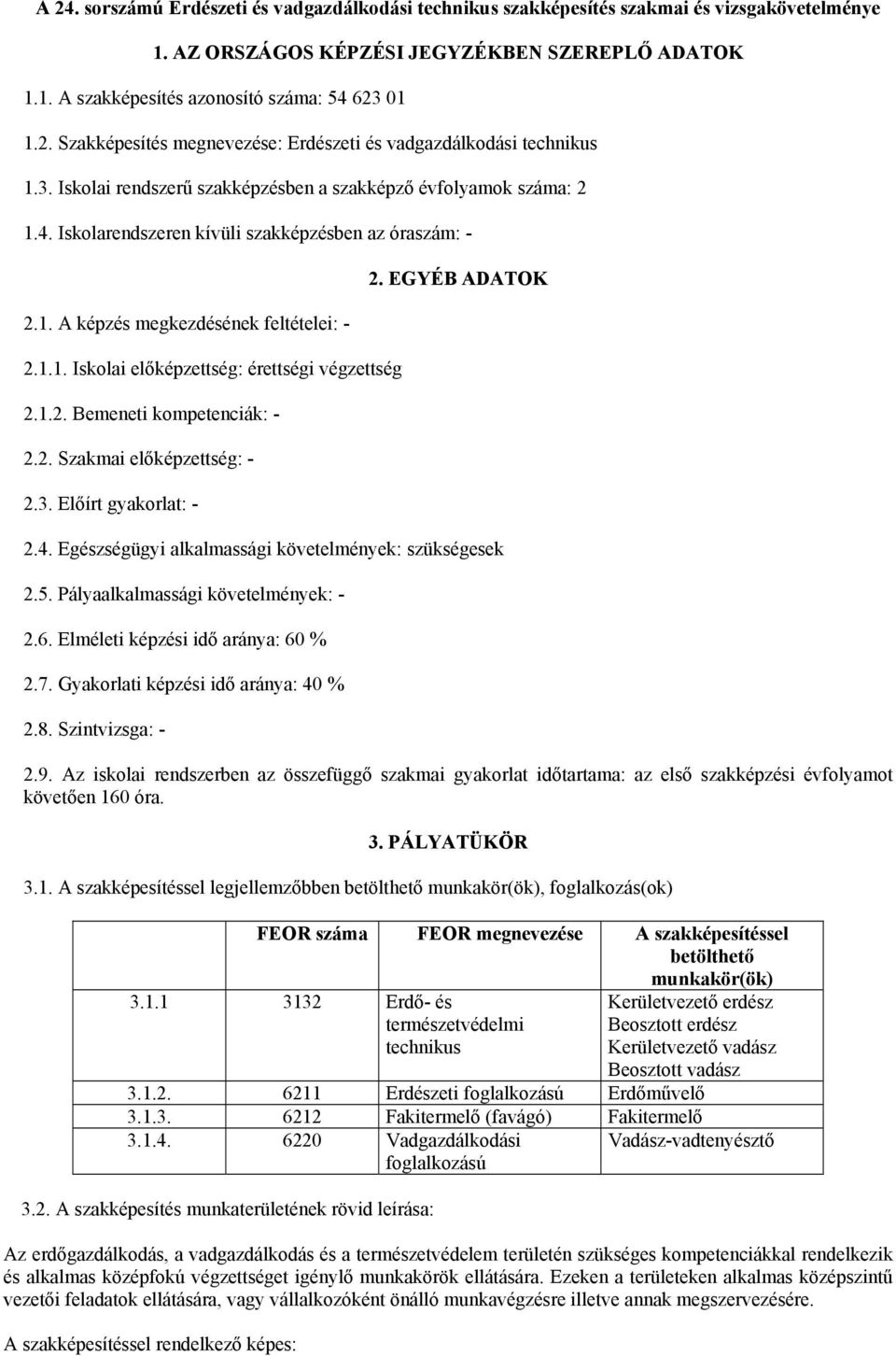 1.2. Bemeneti kompetenciák: - 2.2. Szakmai előképzettség: - 2.3. Előírt gyakorlat: - 2. EGYÉB ADATOK 2.4. Egészségügyi alkalmassági követelmények: szükségesek 2.5.