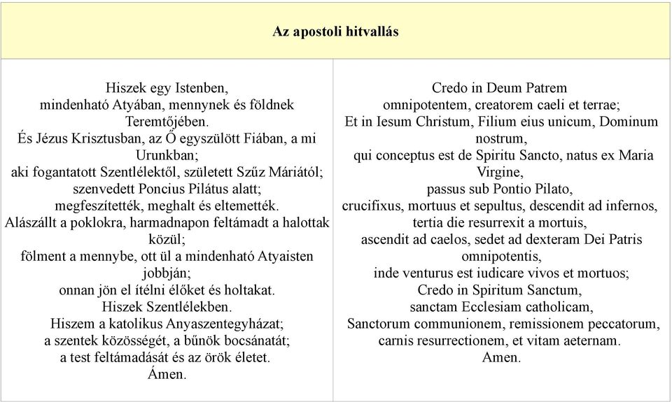 Alászállt a poklokra, harmadnapon feltámadt a halottak közül; fölment a mennybe, ott ül a mindenható Atyaisten jobbján; onnan jön el ítélni élőket és holtakat. Hiszek Szentlélekben.