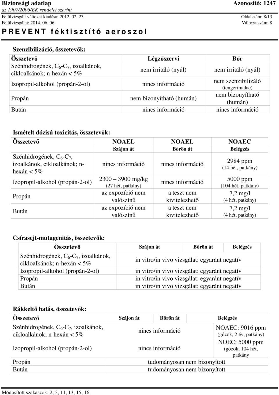 Ismételt dózisú toxicitás, összetevők: Összetevő NOAEL NOAEL NOAEC Szájon át Bőrön át Belégzés Szénhidrogének, C 6 -C 7, izoalkánok, cikloalkánok; n- hexán < 5% 2300 3900 mg/kg (27 hét, patkány) az