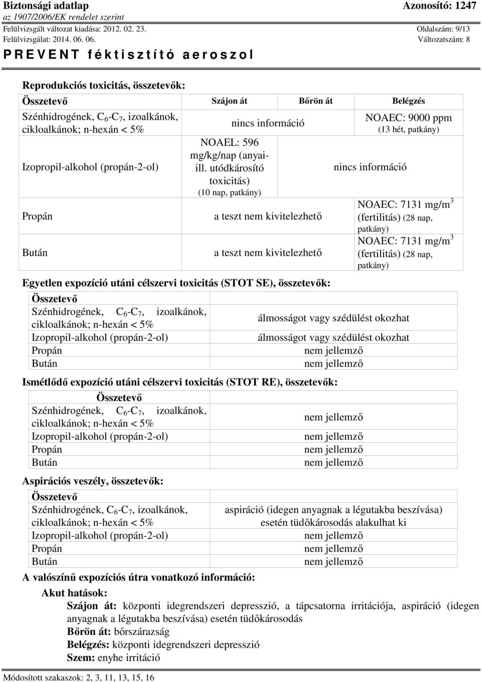 patkány) NOAEC: 7131 mg/m 3 (fertilitás) (28 nap, patkány) NOAEC: 7131 mg/m 3 (fertilitás) (28 nap, patkány) álmosságot vagy szédülést okozhat álmosságot vagy szédülést okozhat Ismétlődő expozíció