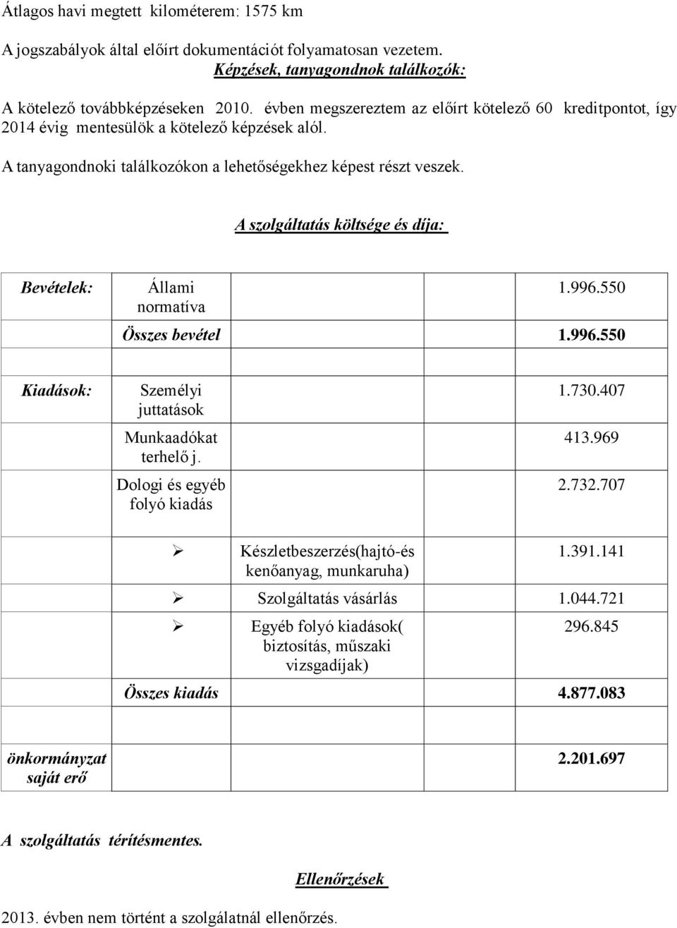 A szolgáltatás költsége és díja: Bevételek: Állami normatíva 1.996.550 Összes bevétel 1.996.550 Kiadások: Személyi juttatások Munkaadókat terhelő j. Dologi és egyéb folyó kiadás 1.730.407 413.969 2.