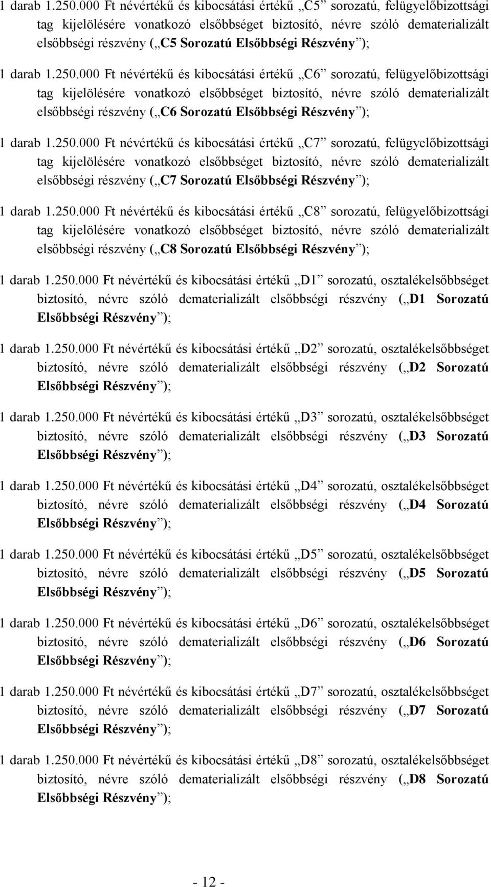 Részvény ); 000 Ft névértékű és kibocsátási értékű C6 sorozatú, felügyelőbizottsági tag kijelölésére vonatkozó elsőbbséget biztosító, névre szóló dematerializált elsőbbségi részvény ( C6 Sorozatú