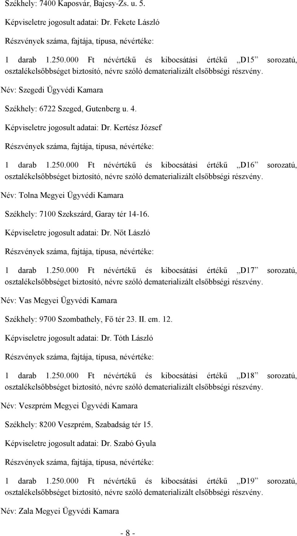 Képviseletre jogosult adatai: Dr. Kertész József Részvények száma, fajtája, típusa, névértéke: 1 darab 1.250.