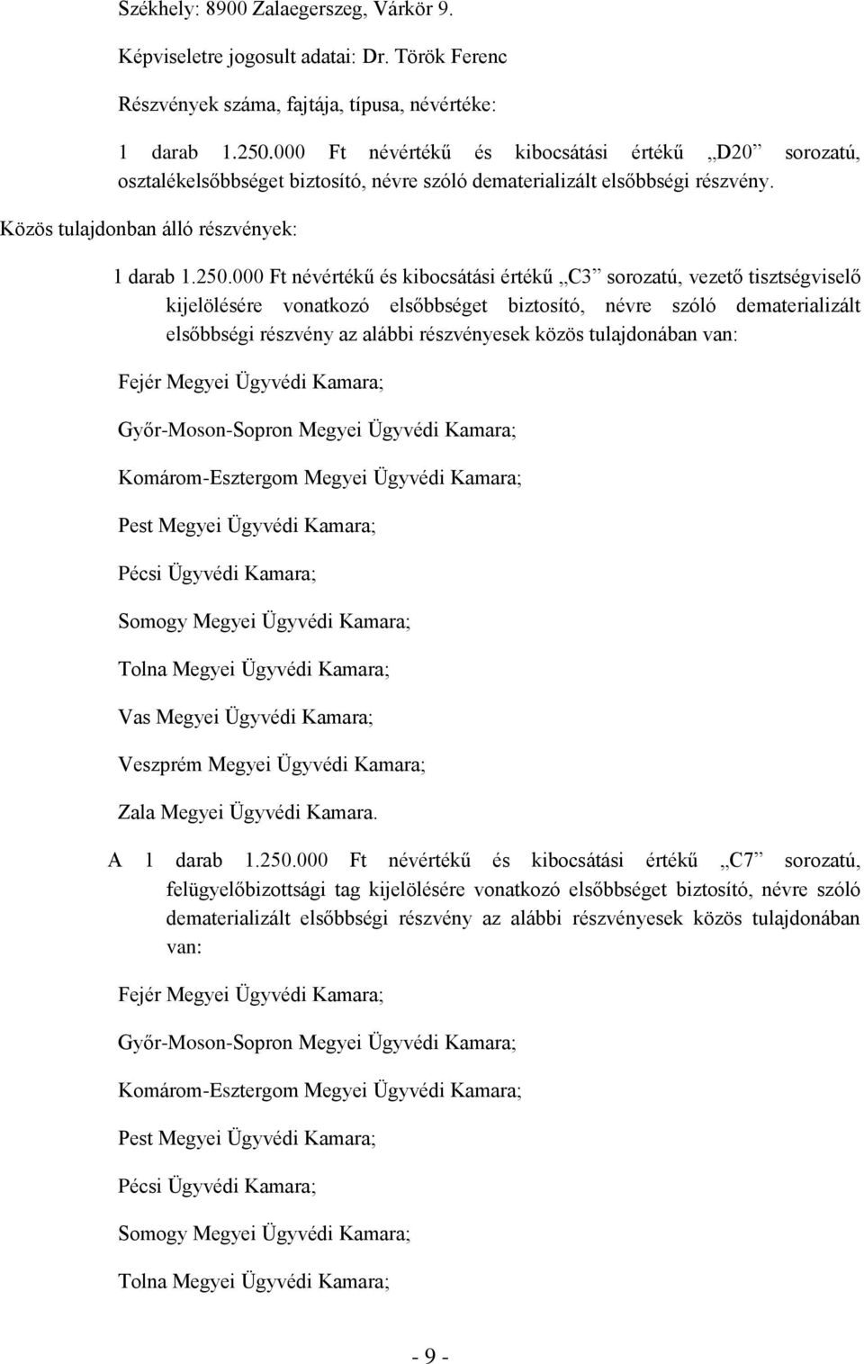 000 Ft névértékű és kibocsátási értékű C3 sorozatú, vezető tisztségviselő kijelölésére vonatkozó elsőbbséget biztosító, névre szóló dematerializált elsőbbségi részvény az alábbi részvényesek közös