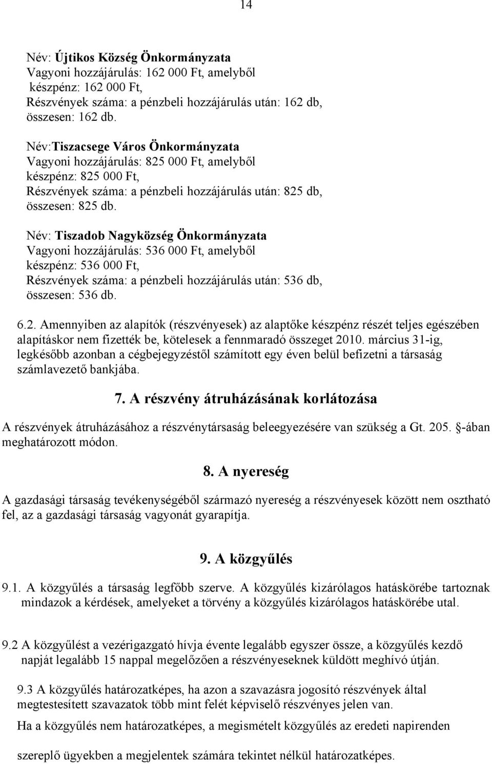 Név: Tiszadob Nagyközség Önkormányzata Vagyoni hozzájárulás: 536 000 Ft, amelyből készpénz: 536 000 Ft, Részvények száma: a pénzbeli hozzájárulás után: 536 db, összesen: 536 db. 6.2.