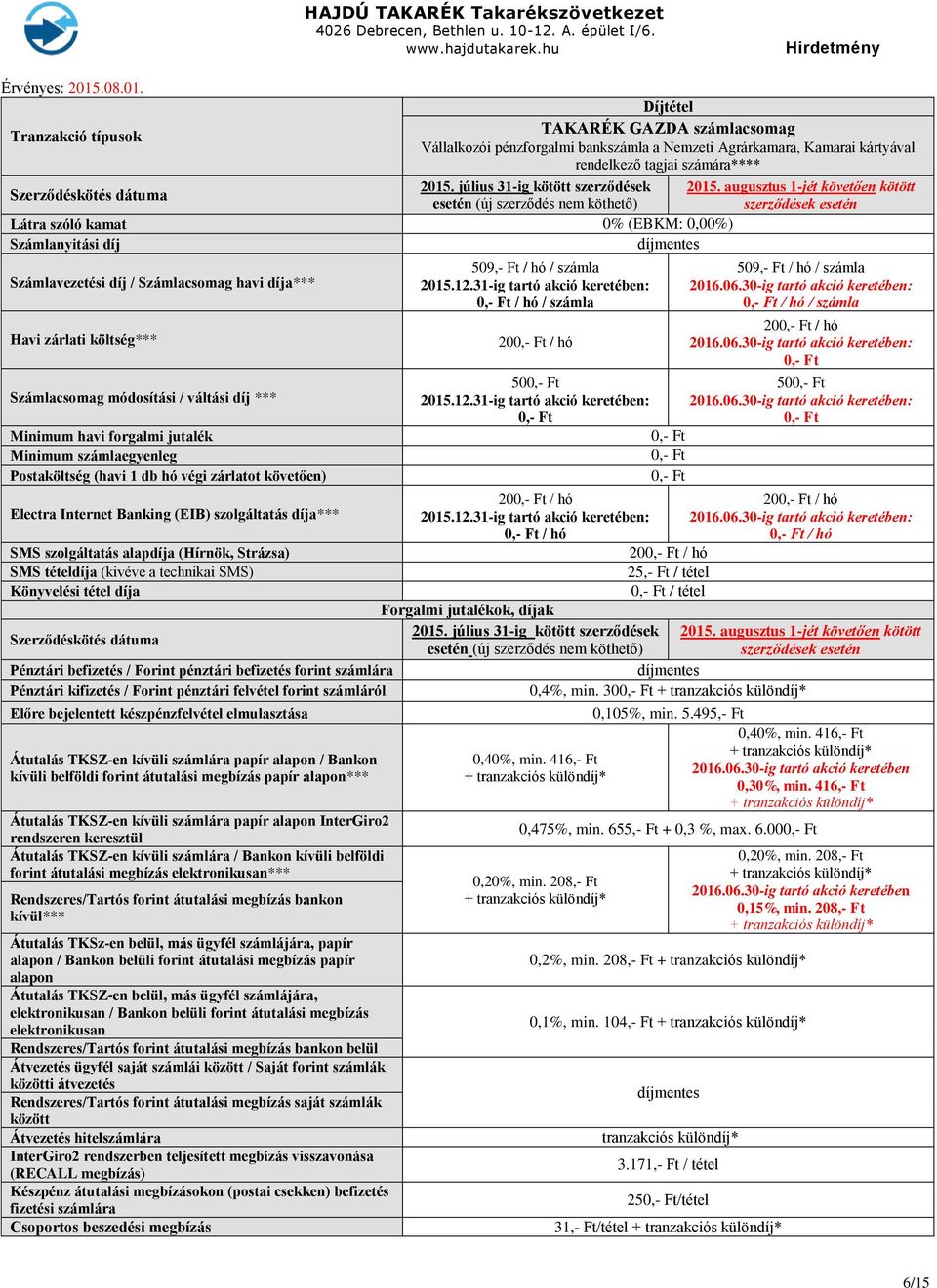 havi forgalmi jutalék Minimum számlaegyenleg Postaköltség (havi 1 db hó végi zárlatot követően) Electra Internet Banking (EIB) szolgáltatás díja*** 509,- Ft / hó / számla 2015.12.