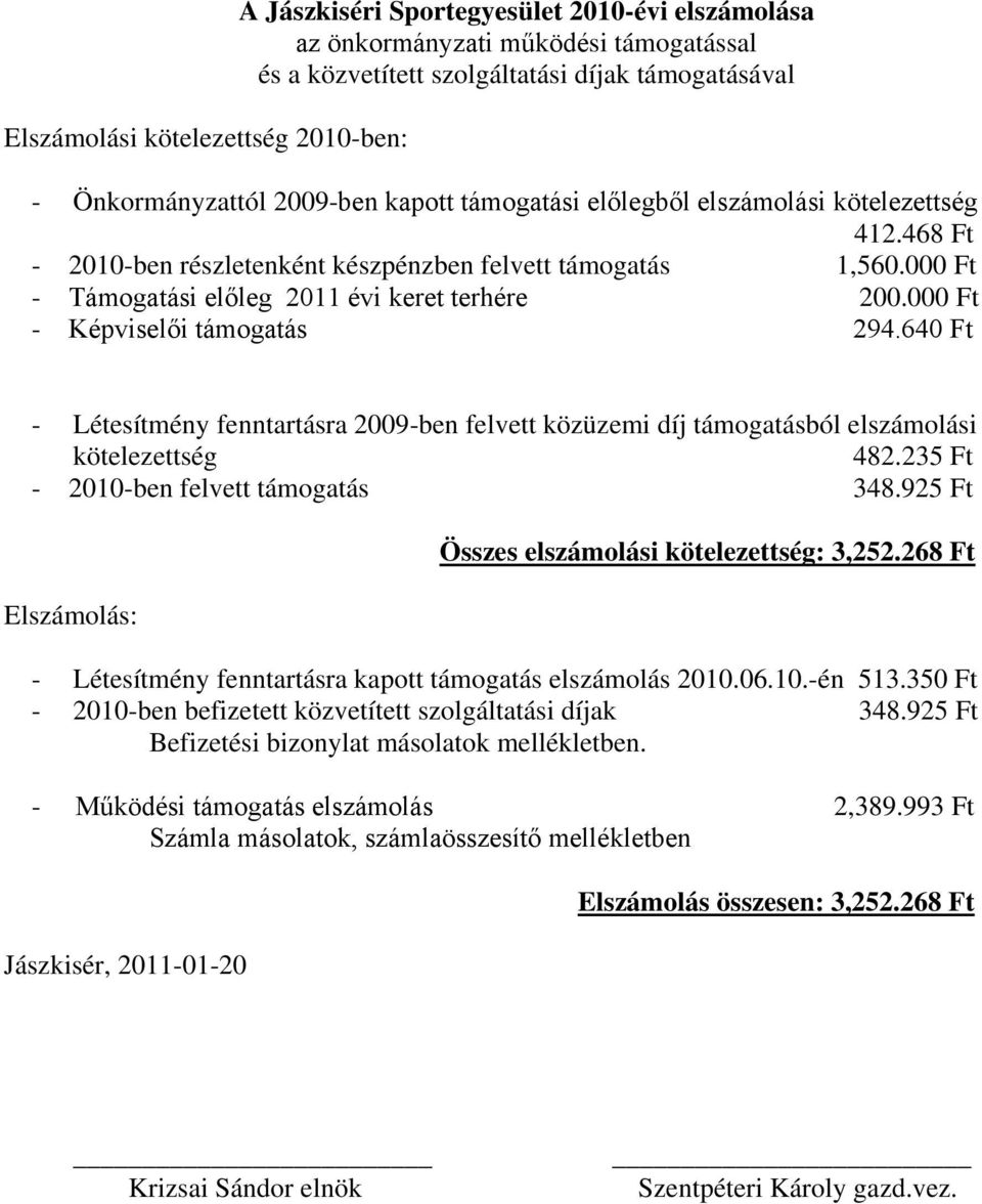 000 Ft - Képviselői támogatás 294.640 Ft - Létesítmény fenntartásra 2009-ben felvett közüzemi díj támogatásból elszámolási kötelezettség 482.235 Ft - 2010-ben felvett támogatás 348.