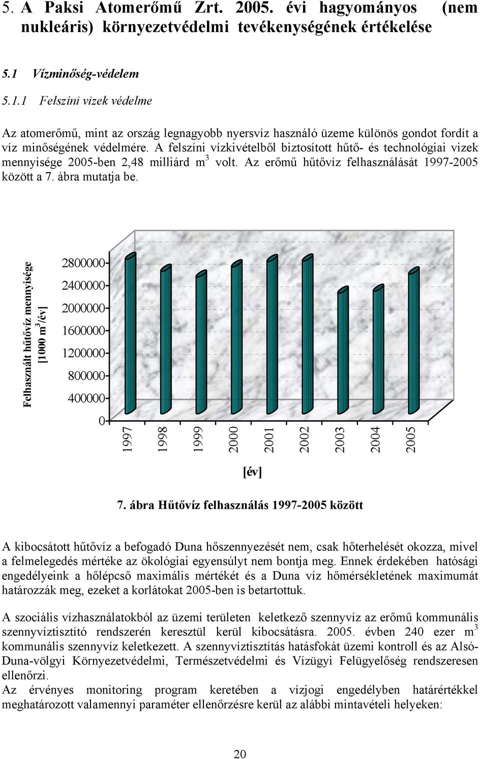 A felszíni vízkivételből biztosított hűtő- és technológiai vizek mennyisége 2005-ben 2,48 milliárd m 3 volt. Az erőmű hűtővíz felhasználását 1997-2005 között a 7. ábra mutatja be.