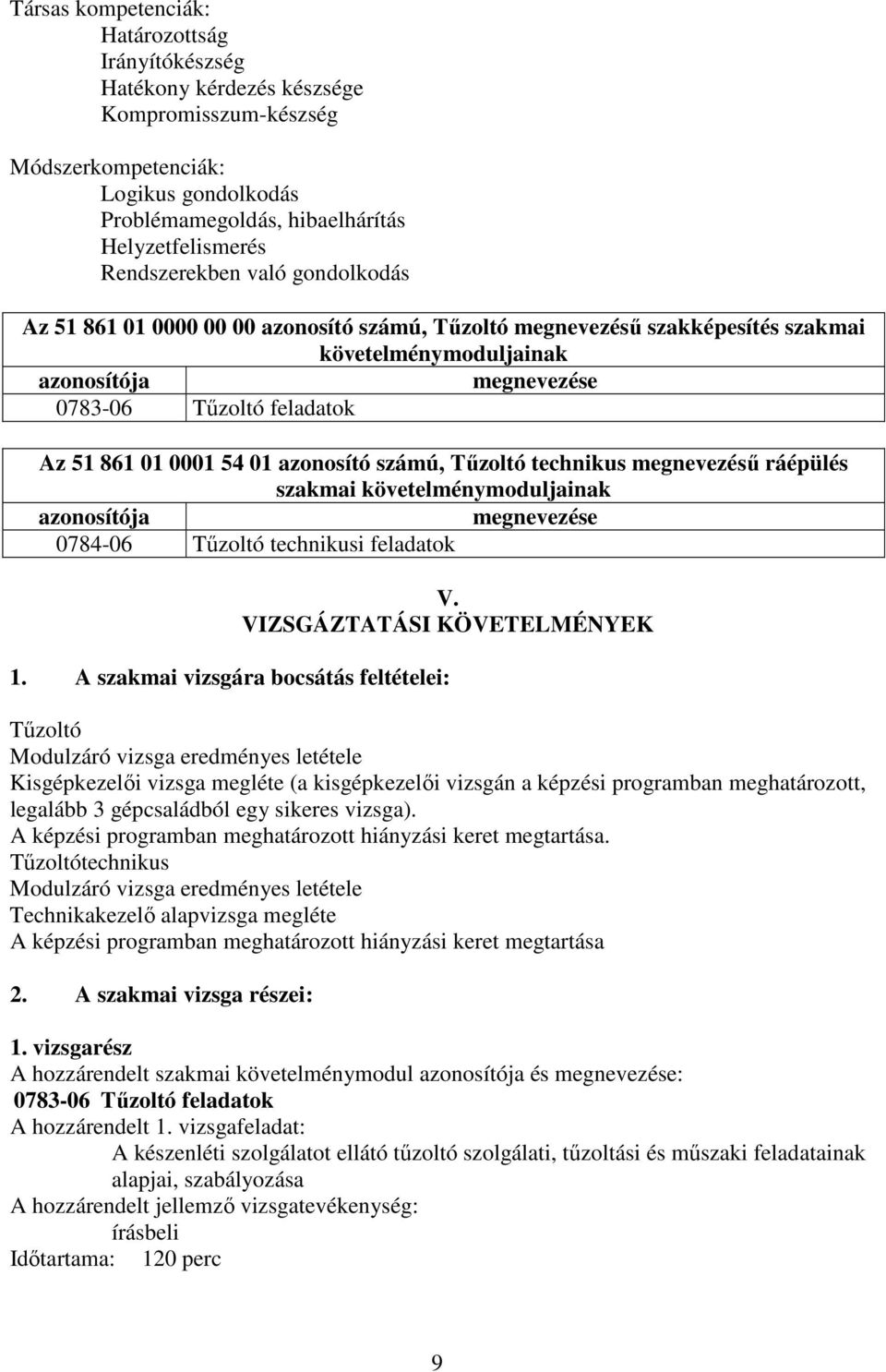 0001 54 01 azonosító számú, Tűzoltó technikus megnevezésű ráépülés szakmai követelménymoduljainak azonosítója megnevezése 0784-06 Tűzoltó technikusi feladatok V. VIZSGÁZTTÁSI KÖVETELMÉNYEK 1.