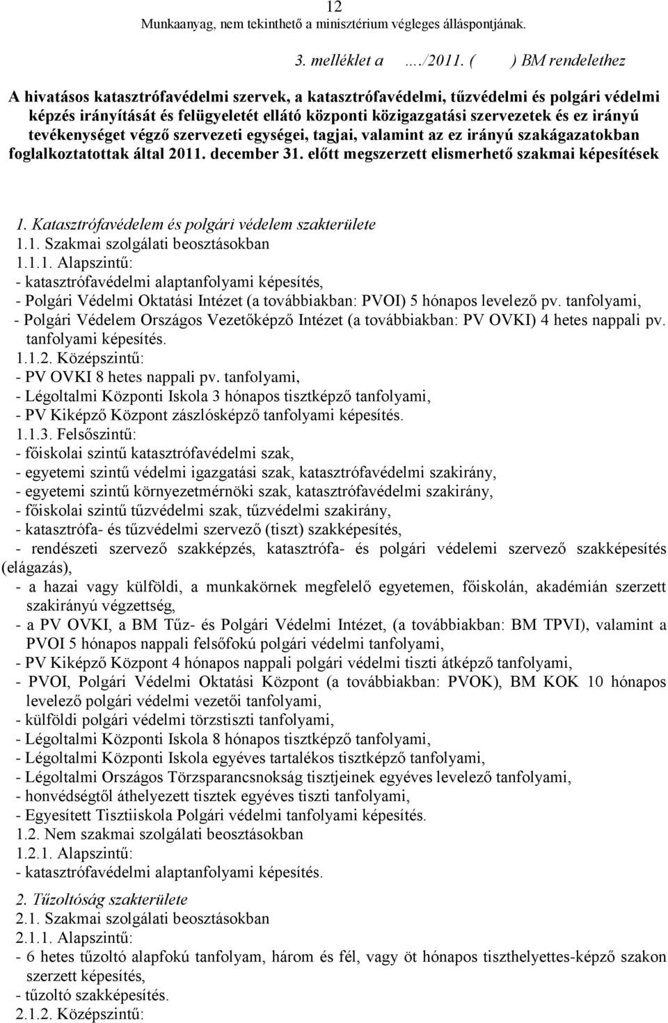 irányú tevékenységet végző szervezeti egységei, tagjai, valamint az ez irányú szakágazatokban foglalkoztatottak által 2011. december 31. előtt megszerzett elismerhető szakmai képesítések 1.